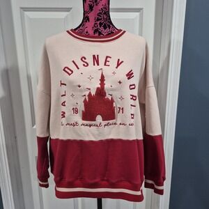 Walt Disney World Sweatshirt Womens XL Pink Red Varsity Chenille Crewneck Castle